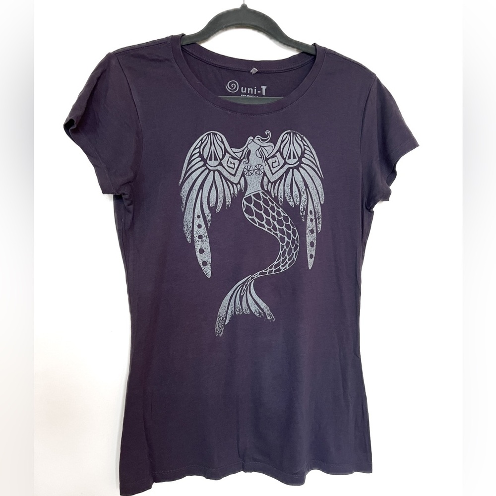 Unique “Uni T” dark purple graphic mermaid angel wing tee-shirt. Size small